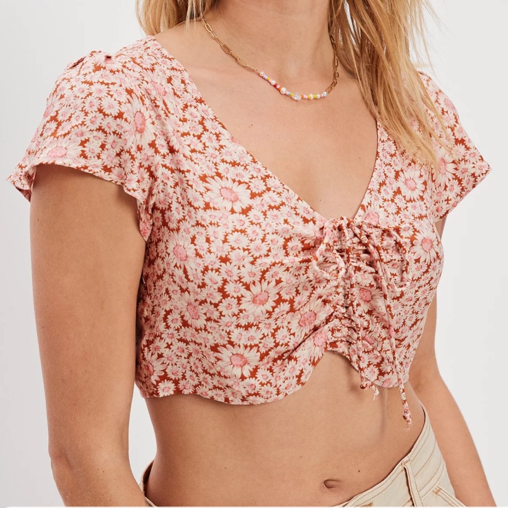 American Eagle Outfitters Floral Pink Blouse AE Cinch-Front Blouse